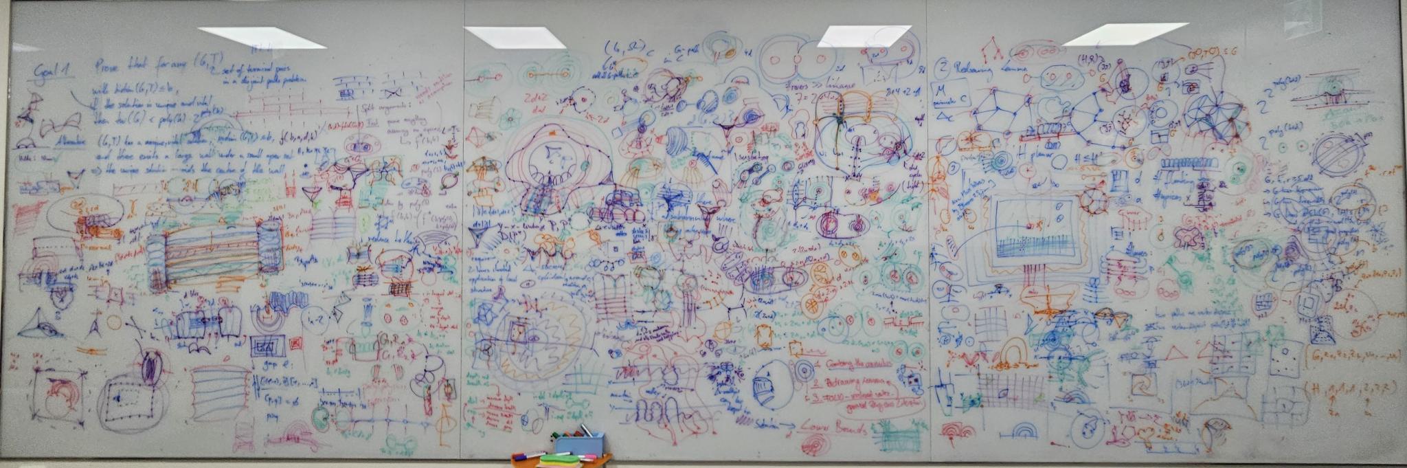 A panoramic whiteboard filled with colourful graph-theory diagrams, equations, and research notes